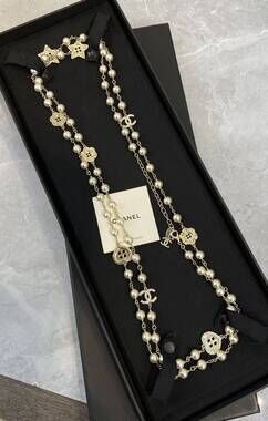 Chanel Two-Tier Gradient Pearl Gold Crystal CC Long Sautoir Necklace